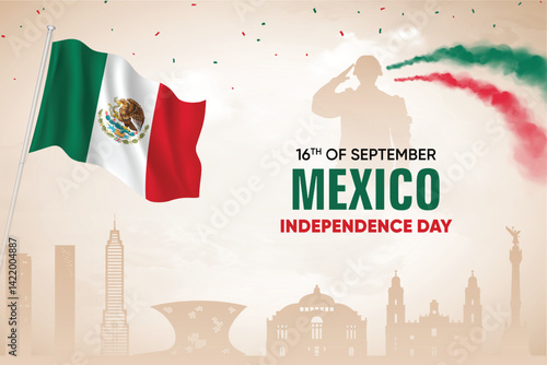 Mexico Flag Waving On Skyline Background. Independence Day Concept Design Vector Illustration.