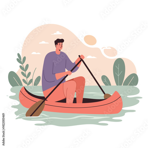 Man paddling red canoe on calm water surrounded by green plants in outdoor leisure activity 