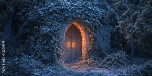 Obraz na płótnie Enchanted Forest Gateway: A Mystical Door Beckons w salonie