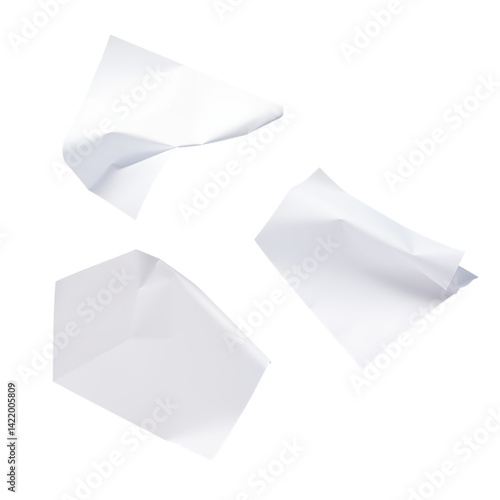 Three white sheets of paper floating in the air against a stark transparent background in the studio png