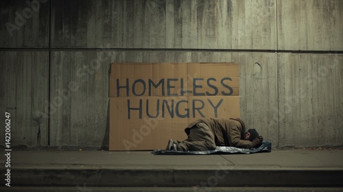 A poignant depiction of homelessness with a sign stating 