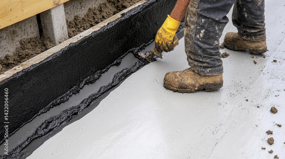 Bright worker applies sealant to newly poured concrete surface Generative AI Bright worker applies sealant to newly poured concrete surface Generative AI