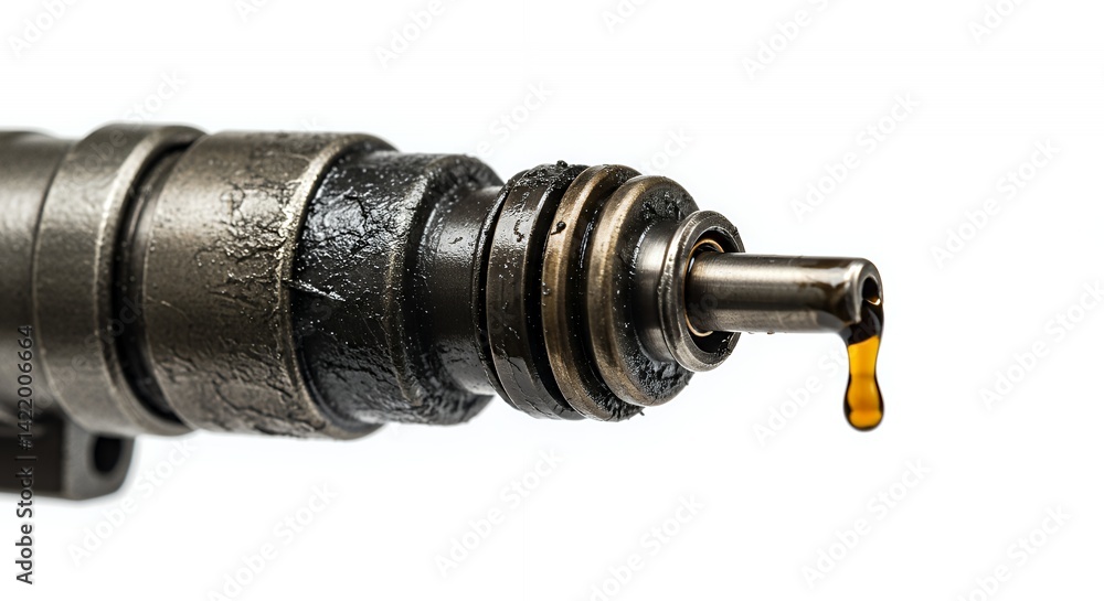 Closeup of Leaking Fuel Injector Nozzle with Grime on White Background Closeup of Leaking Fuel Injector Nozzle with Grime on White Background