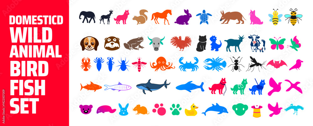 Animal illustration Icon Set. Big bundle of funny domestic, farm animals, and wild animals, pets, pet, marine mammals, reptiles, birds and fish. Collection of cute cartoon Animal illustration Icon Set Animal illustration Icon Set. Big bundle of funny domestic, farm animals, and wild animals, pets, pet, marine mammals, reptiles, birds and fish. Collection of cute cartoon Animal illustration Icon Set
