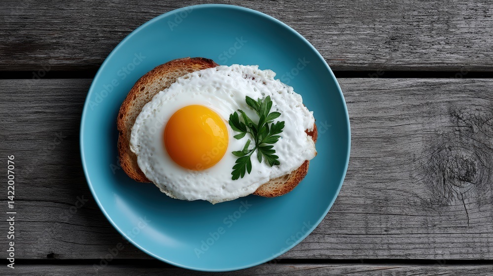 Delicious healthy breakfast toast topped with egg and parsley on a blue plate Delicious healthy breakfast toast topped with egg and parsley on a blue plate