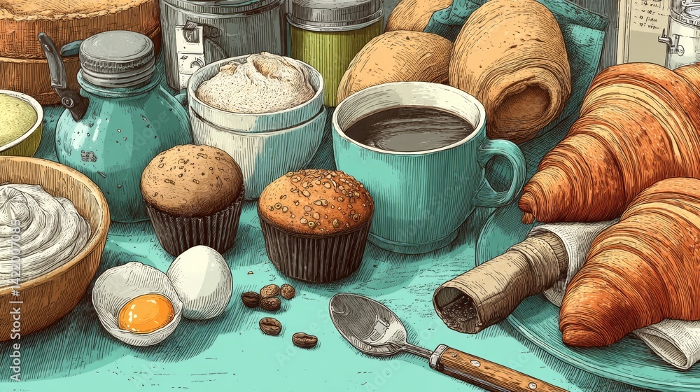 Warm Doodle Style Food Arrangement with Croissants, Coffee, Eggs, and Muffins Warm Doodle Style Food Arrangement with Croissants, Coffee, Eggs, and Muffins