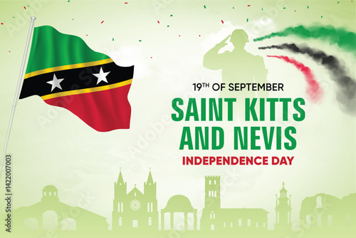 Saint Kitts and Nevis Flag Waving With Army Soldier and Air Show On Skyline Background. Independence Day Concept Design Vector Illustration.