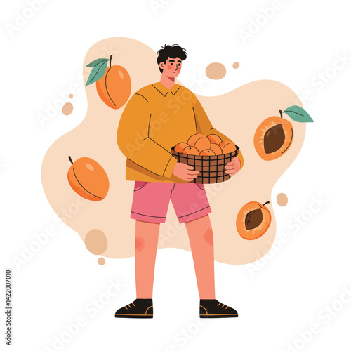 Young man holding basket filled with ripe apricots and surrounded by apricot fruits in warm tones natural illustration 