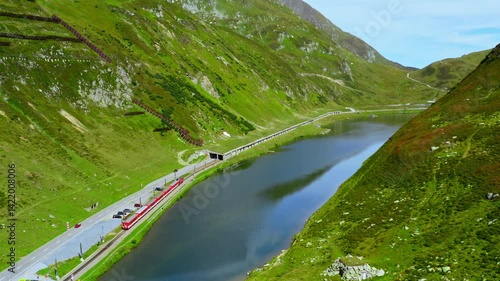 Aerial view of the Glacier Express at the Oberalp Pass in Switzerland.