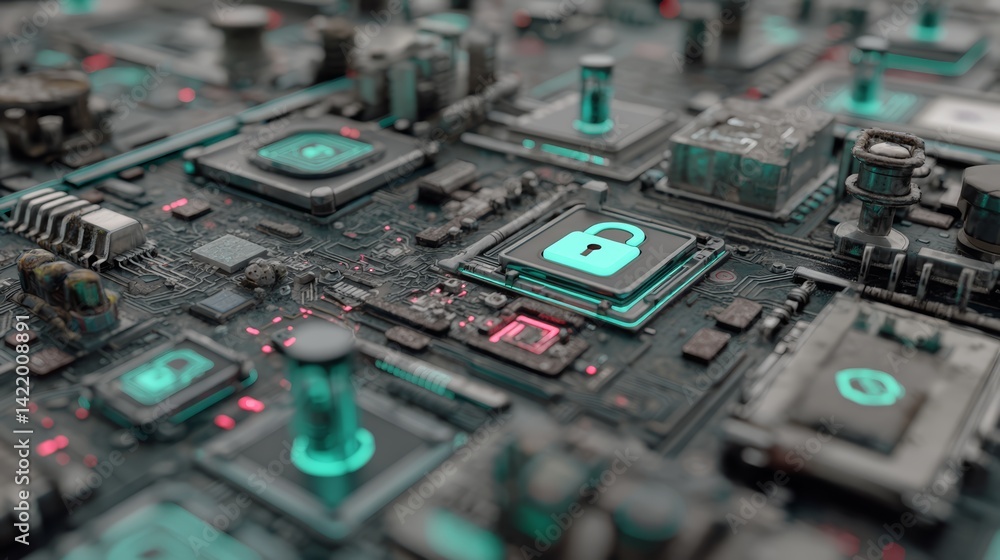 Intricate Circuit Board with Lock Icon Representing AI and Encrypted Monitoring Systems Intricate Circuit Board with Lock Icon Representing AI and Encrypted Monitoring Systems