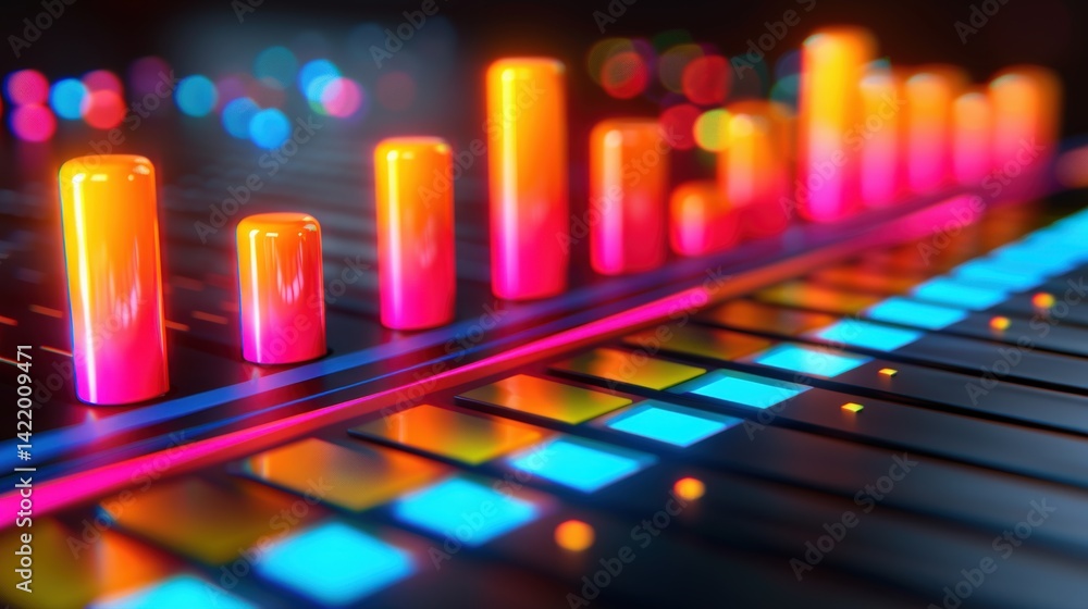 Fototapeta premium Vibrant glowing digital bar chart with neon gradient elements representing data analytics interface showing dynamic trends and performance tracking in futuristic UI of business or marketing dashboard