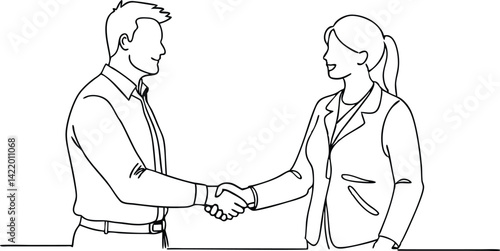 Line Art Business Handshake Man and Woman Meeting, Agreement Gesture, Partnership Concept