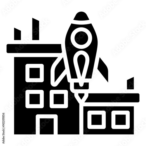 Startup Glyph Icon, Rocket launching from a building - Space Exploration and Innovation