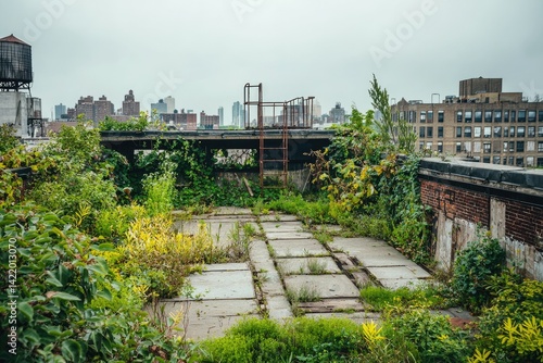 Wallpaper Mural Overgrown rooftop garden in a city, showcasing nature reclaiming urban space. Rusty metal structures and old buildings are in the background. Torontodigital.ca