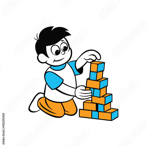 line art cartoon kid building wobbly block tower