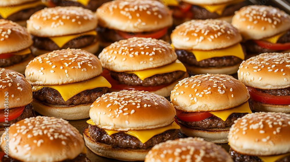 Mini burgers in party tray setting Mini burgers in party tray setting