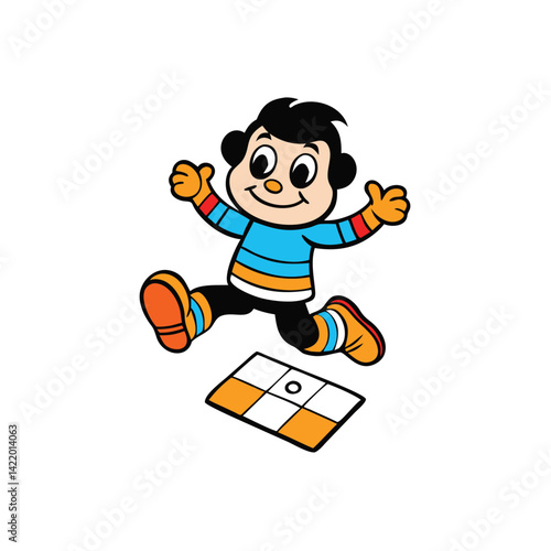 flat modern cartoon kid with rainbow umbrella