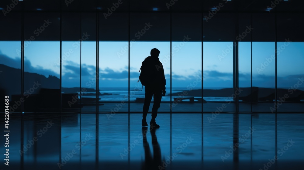 Silhouette of a traveler with a backpack standing before a large window overlooking a tranquil ocean vista. Silhouette of a traveler with a backpack standing before a large window overlooking a tranquil ocean vista.