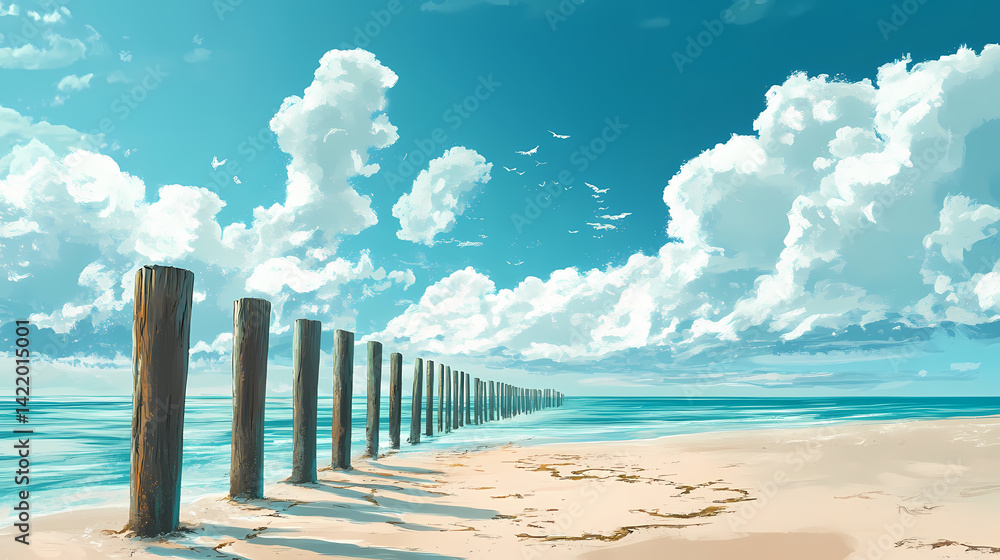 Stunning coastal panorama of zeeland's beach poles under a brilliant spring sky, capturing the essence of nature's beauty in a tranquil seaside. Fatewoven Strands. Illustration