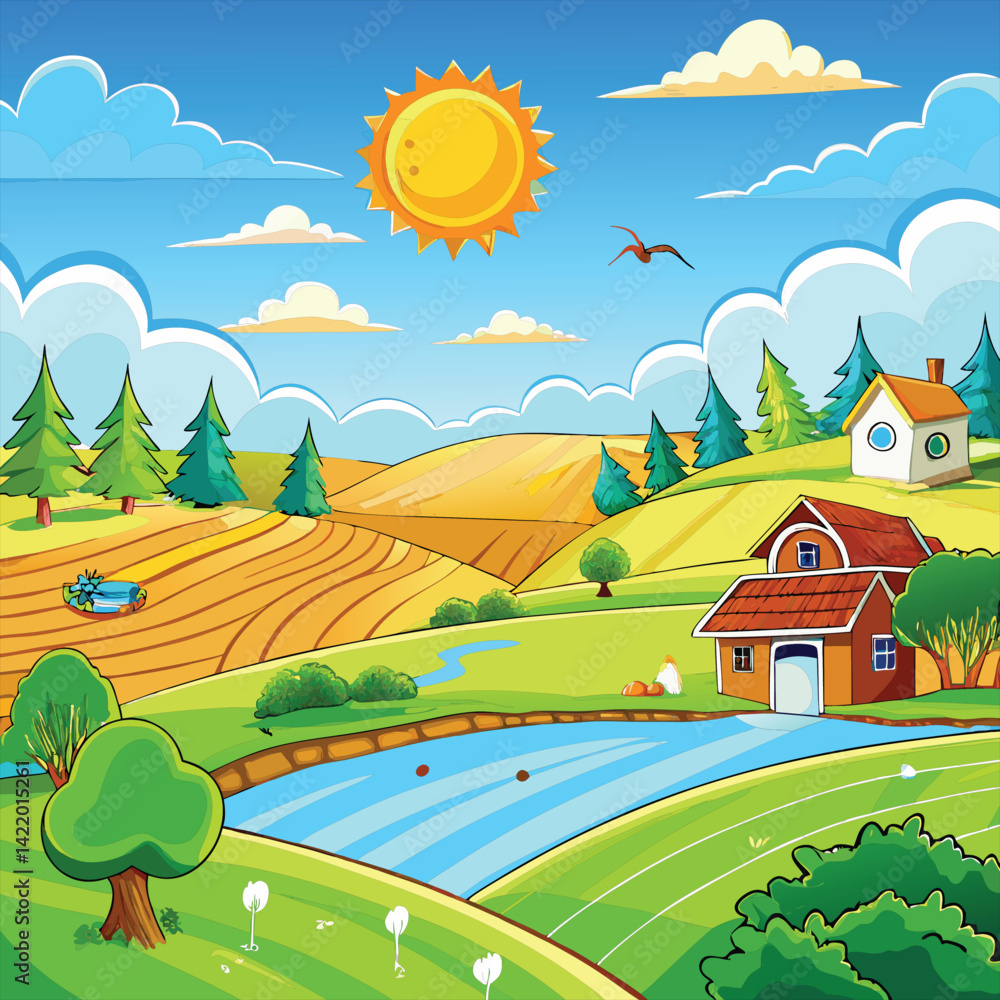 Fototapeta premium Summer Field Countryside Landscape Illustration | Sunny Day Cartoon Rural Scenery