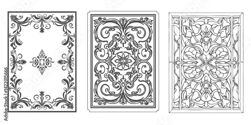 Set of Retro vintage frames borders ivy curl vector illustration elegant square shape for back card flower classic black outline.