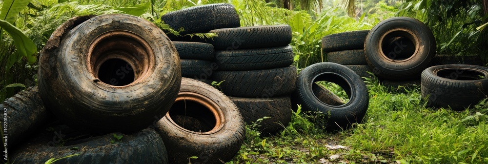 Discarded Tires in Lush Green Foliage: A Study in Environmental Impact