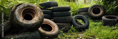 Obraz na płótnie Discarded Tires in Lush Green Foliage: A Study in Environmental Impact w salonie