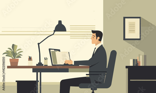 Businessman Remote Work Desk Setup in Minimalist Style Vector Illustration