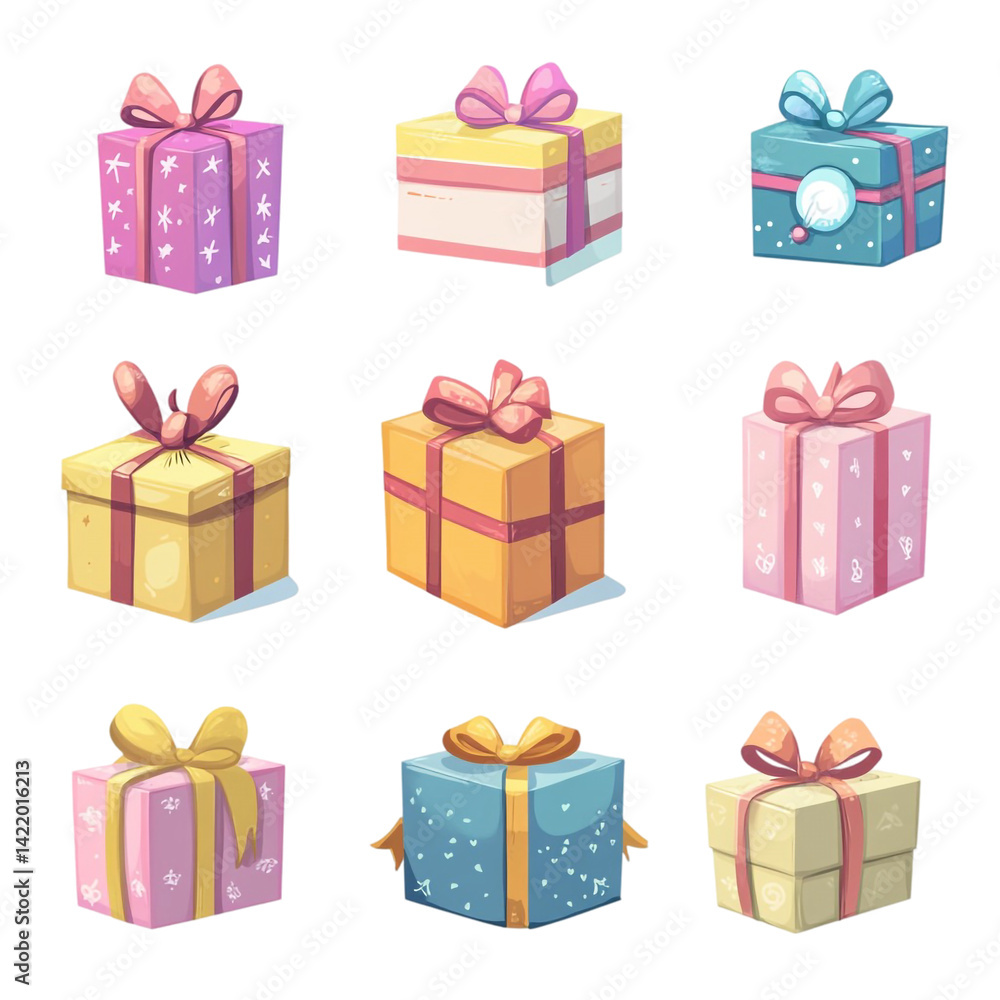 Fototapeta premium Nine cute gift boxes with colorful ribbons and bows a delightful collection for any occasion