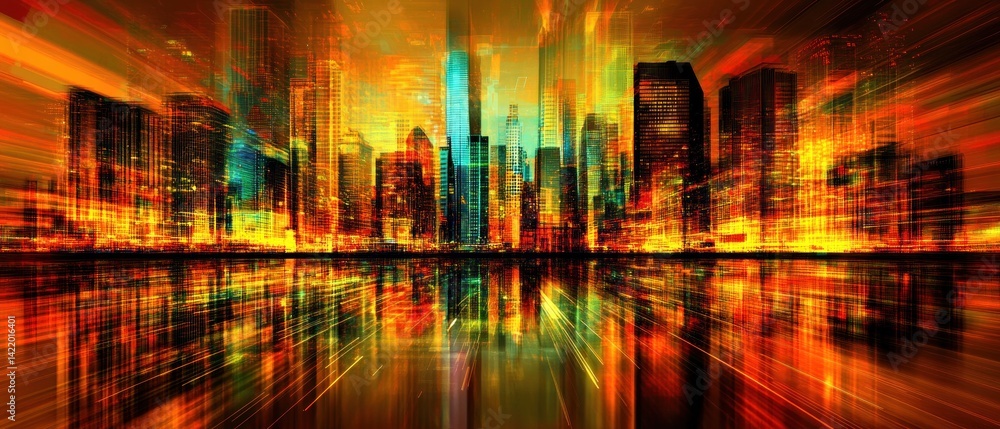 Vibrant Cityscape: A Symphony of Lights and Reflections