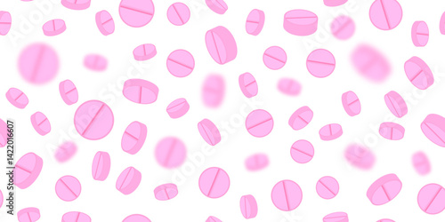 Vector Set of Pink Pills. Circle Pink Tablets Seamless Background. Medical Pattern.