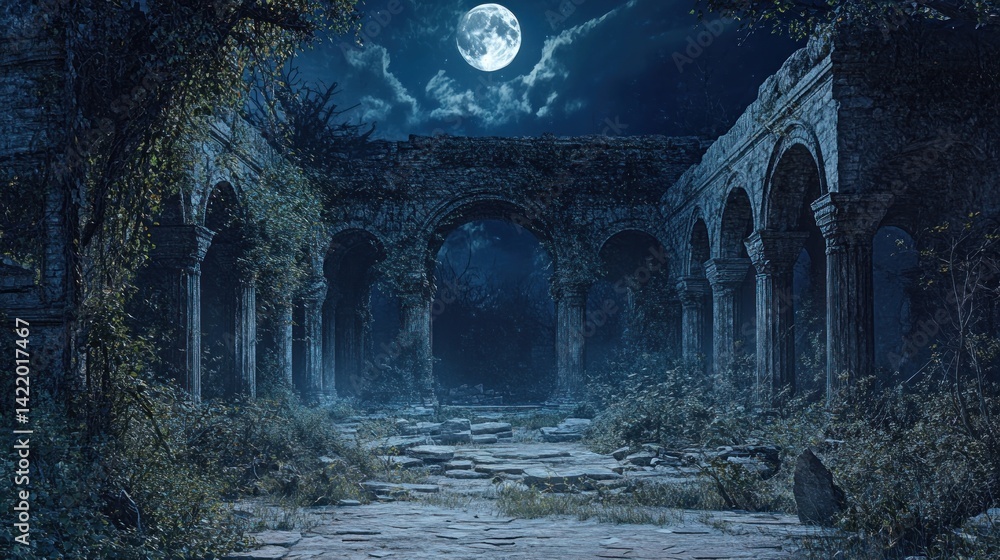 Enigmatic Night at the Ancient Ruins: A Moonlit Path Through Time