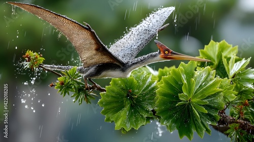 Pterodactyl in Rain Flying Near Lush Green Leaves Prehistoric Bird Nature Scene