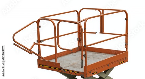 Damaged Orange Scissor Lift Platform Railing Isolated on White Background