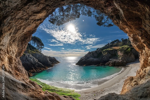 Scenic coastal view through a cave opening