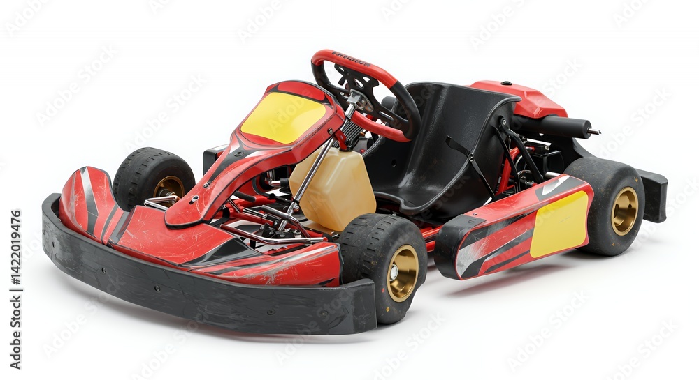 Damaged Red Go Kart with Snapped Steering Column on White Background Damaged Red Go Kart with Snapped Steering Column on White Background