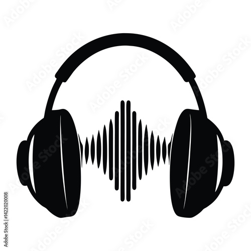 Silhouette of headphones transforming into sound waves on white background