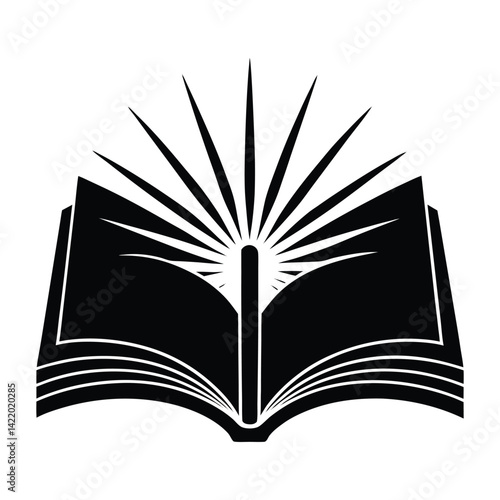 Silhouette of an open book with light radiating outwards on white background
