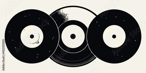 Monochrome Vinyl Records Illustration – Retro Music Discs with Analog Texture and Circular Grooves

