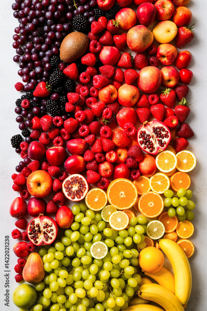 vibrant assortment of fresh red yellow and green fruits including strawberries grapes and bananas vibrant assortment of fresh red yellow and green fruits including strawberries grapes and bananas