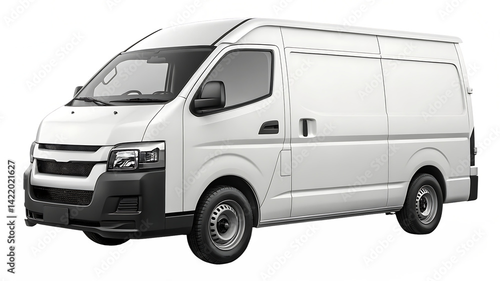 Isolated white cargo van showcasing its design and features on a neutral background in a studio shot Isolated white cargo van showcasing its design and features on a neutral background in a studio shot