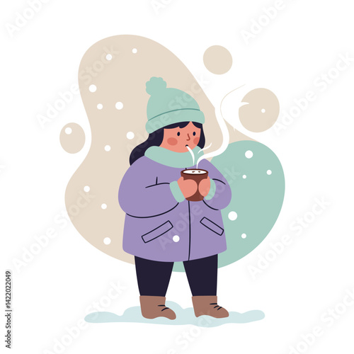 Child drinking hot beverage in winter clothing with steaming cup on snowy day in cold weather outdoors 