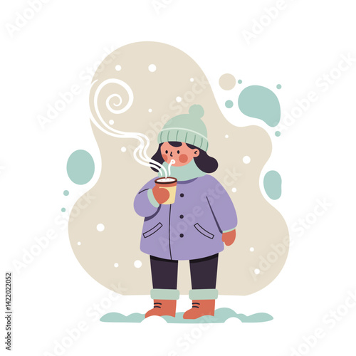 Child enjoying hot drink outdoors in winter coat and hat with steam rising naturally 