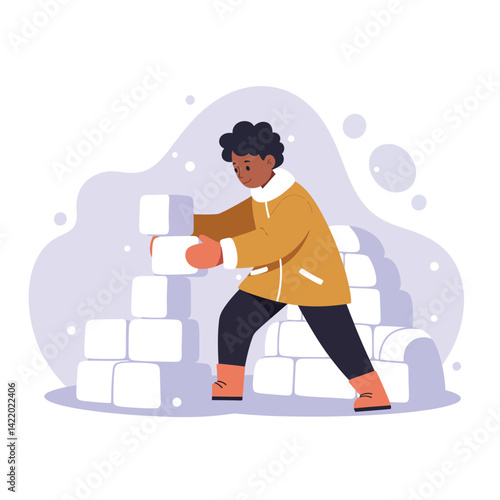 Child building snow fort wearing winter coat and boots in snowy weather scene 