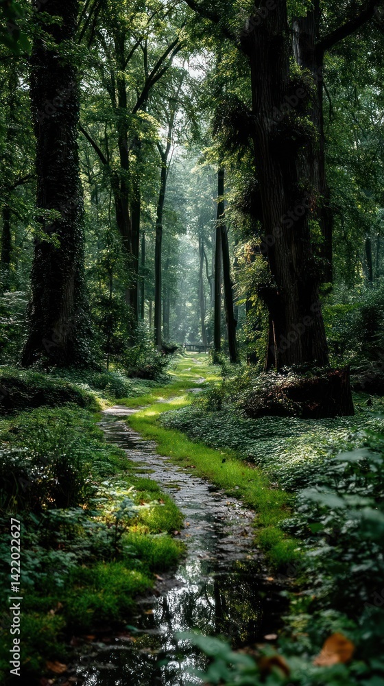 Obraz premium Lush forest path. Sunlight filters through trees