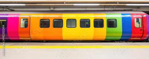 A vibrant, rainbow-colored train sits on a platform, showcasing a lively design that adds color to the urban landscape.