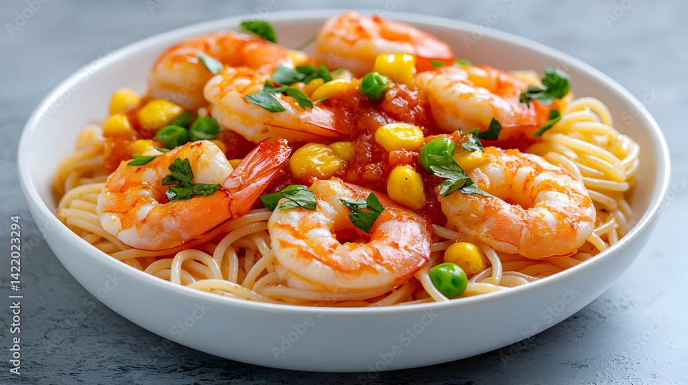 Closeup of Shrimp Scampi with Corn and Peas in a White Bowl Closeup of Shrimp Scampi with Corn and Peas in a White Bowl