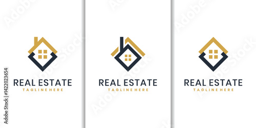 Modern real estate house logo set with geometric roof and window icon