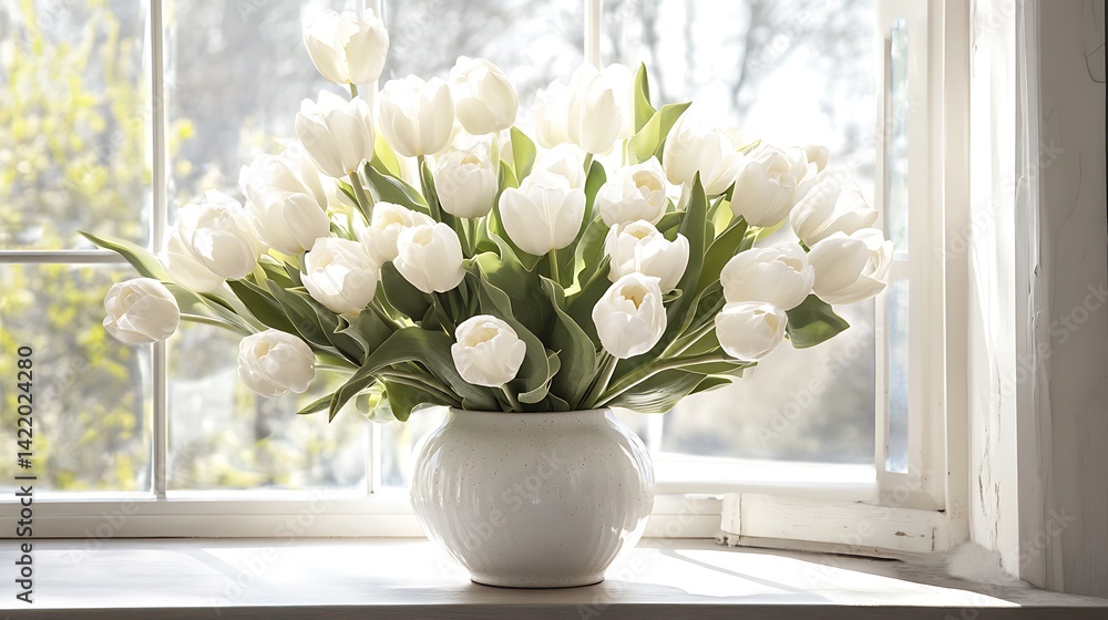 Serene Bouquet: White Tulips Basking in Sunlight Serene Bouquet: White Tulips Basking in Sunlight