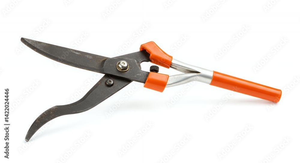 Misaligned Rusty Bent Loppers with Orange Handles Isolated on White Background Misaligned Rusty Bent Loppers with Orange Handles Isolated on White Background